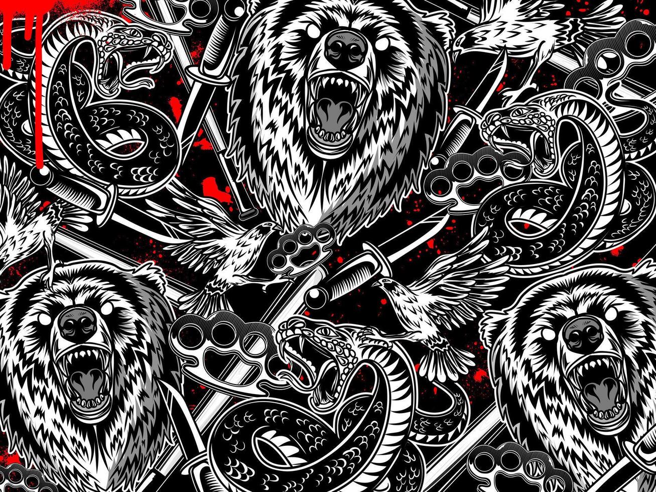 Graffiti Tattoo Background with bear, snake, knuckle brass elements vector