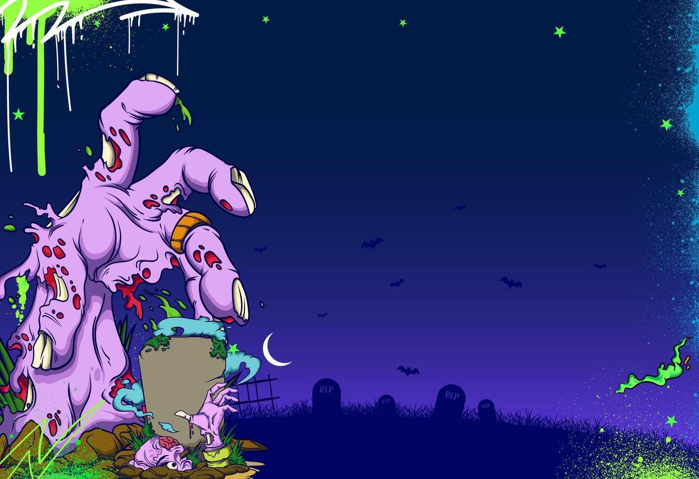 Zombie Hand and Grave Halloween background in graffiti style vector