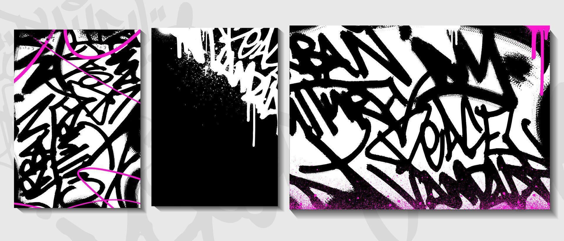 Graffiti art poster design set with black and white graffiti mix with pink color vector
