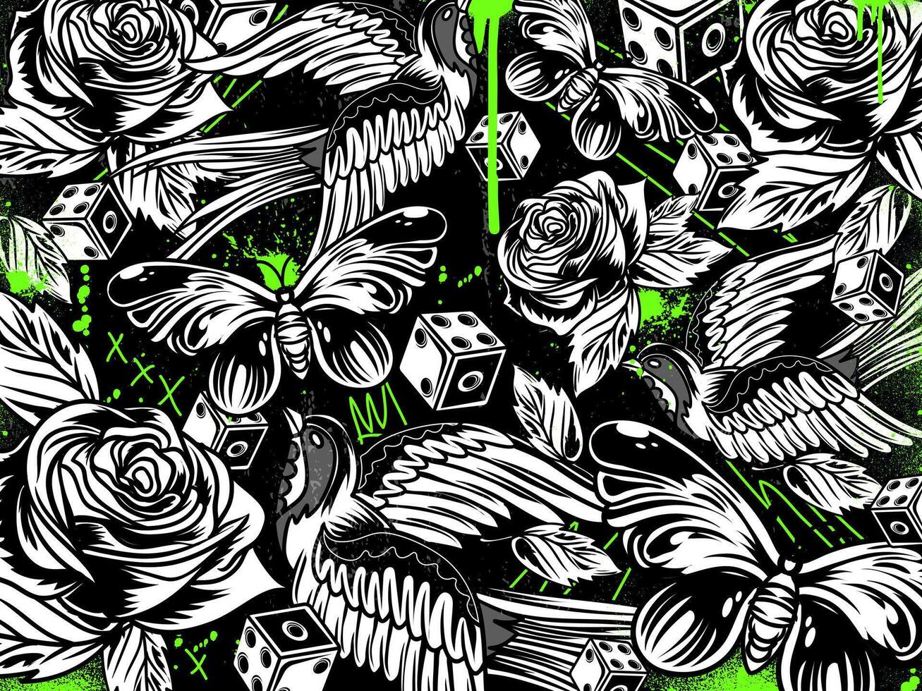 Graffiti Tattoo Background illustration with butterfly, roses, dice, bird and splatter effect in green neon theme and monochrome objects vector