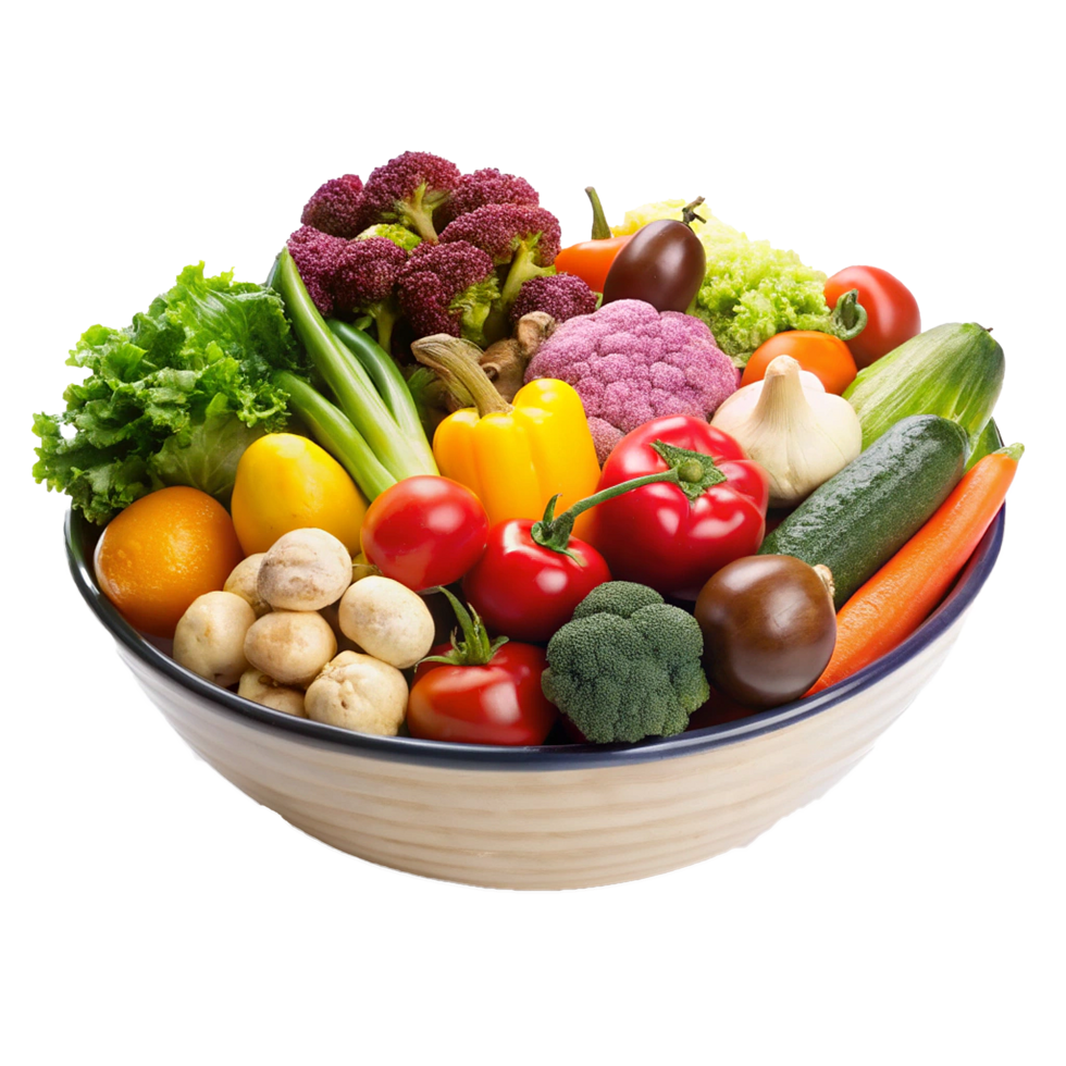 A Colorful Bowl of Fresh Vegetables and Fruits Featuring Broccoli Cauliflower Peppers and More png