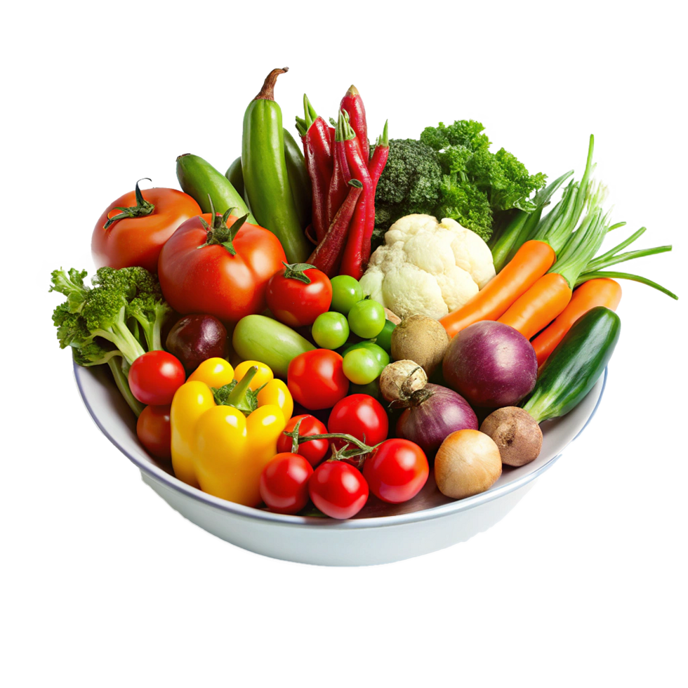 A Colorful Bowl of Fresh Vegetables Including Tomatoes Peppers and Broccoli png