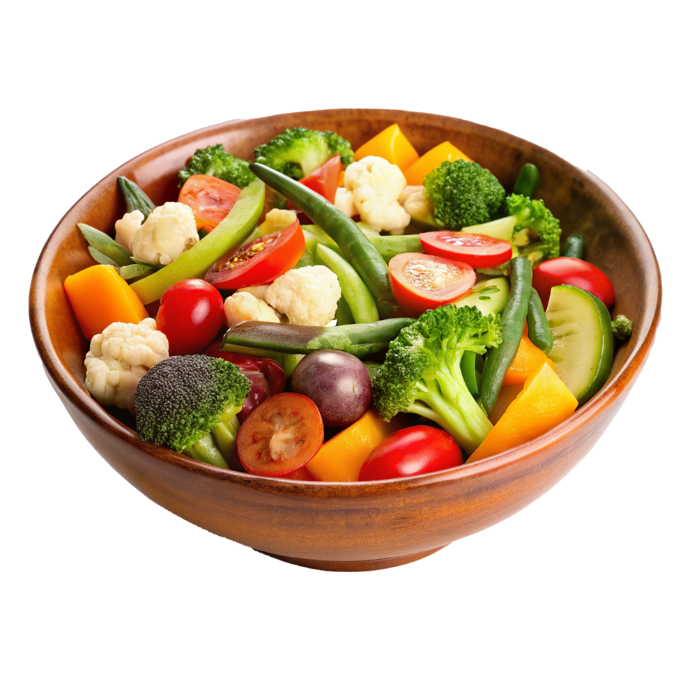A vibrant and colorful mix of fresh vegetables in a wooden bowl a healthy and delicious salad png