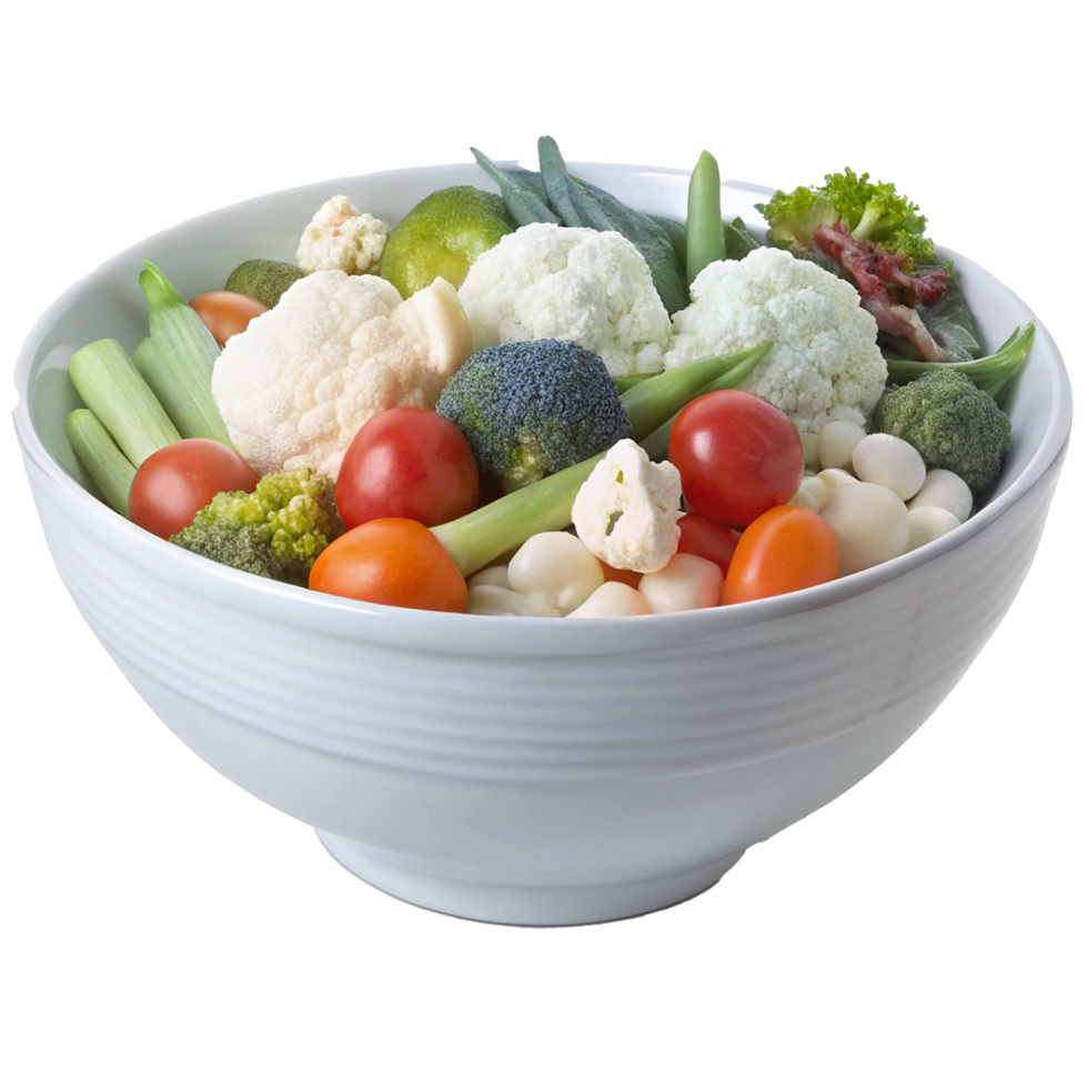 A large white bowl filled with a vibrant mix of fresh vegetables including cauliflower broccoli tomatoes and green onions png