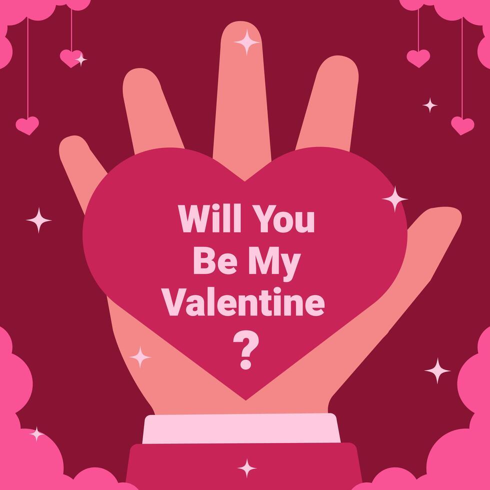 Will you be my Valentine illustration background with hand and heart shape on it and pink cloud around it vector