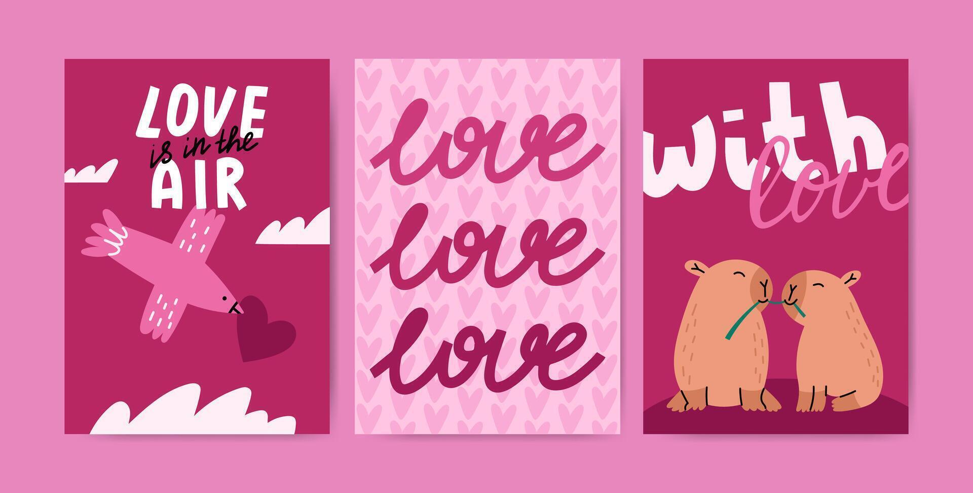 Valentines day cards set with cute capybara, bird, hearts and typography. Perfect for cards, scrapbooking, digital designs, and social media.Flat illustration. vector