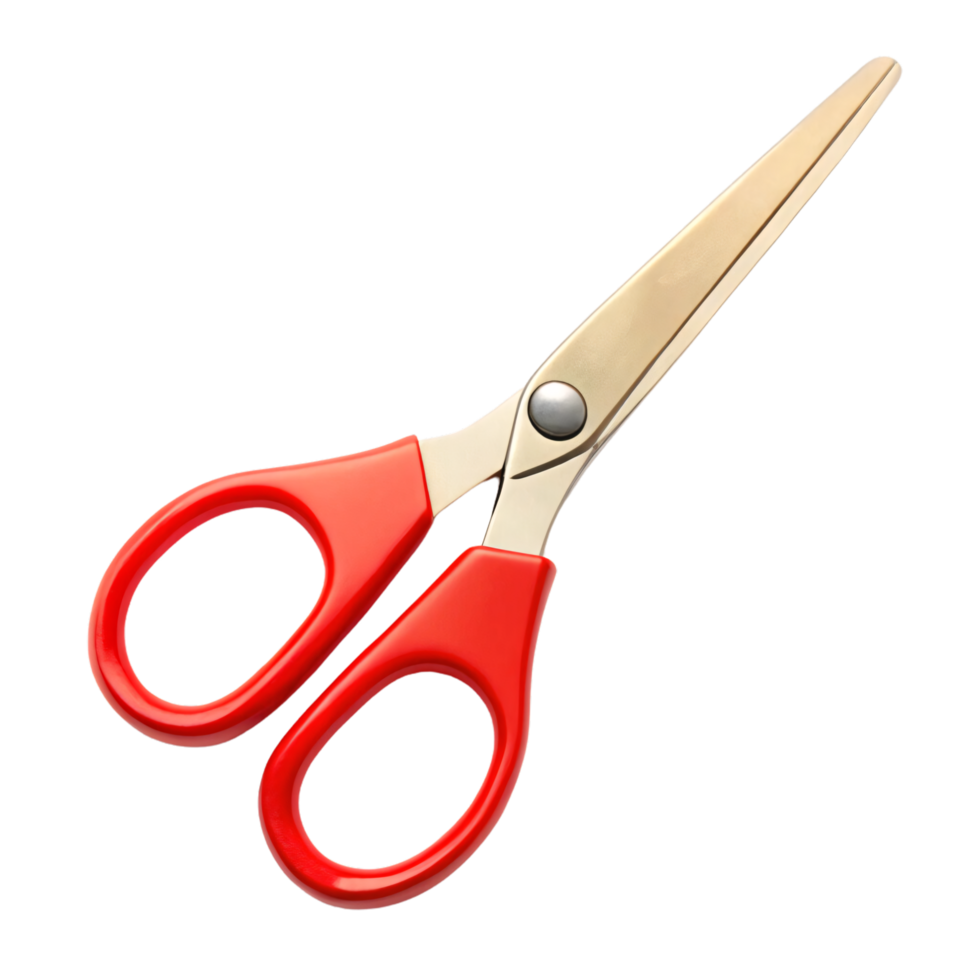 par do cabo vermelho tesouras com prata lâminas. limpar, simples Projeto com arredondado alças, mostrando funcionalidade. reflexivo metálico terminar em a lâminas acrescenta nitidez png