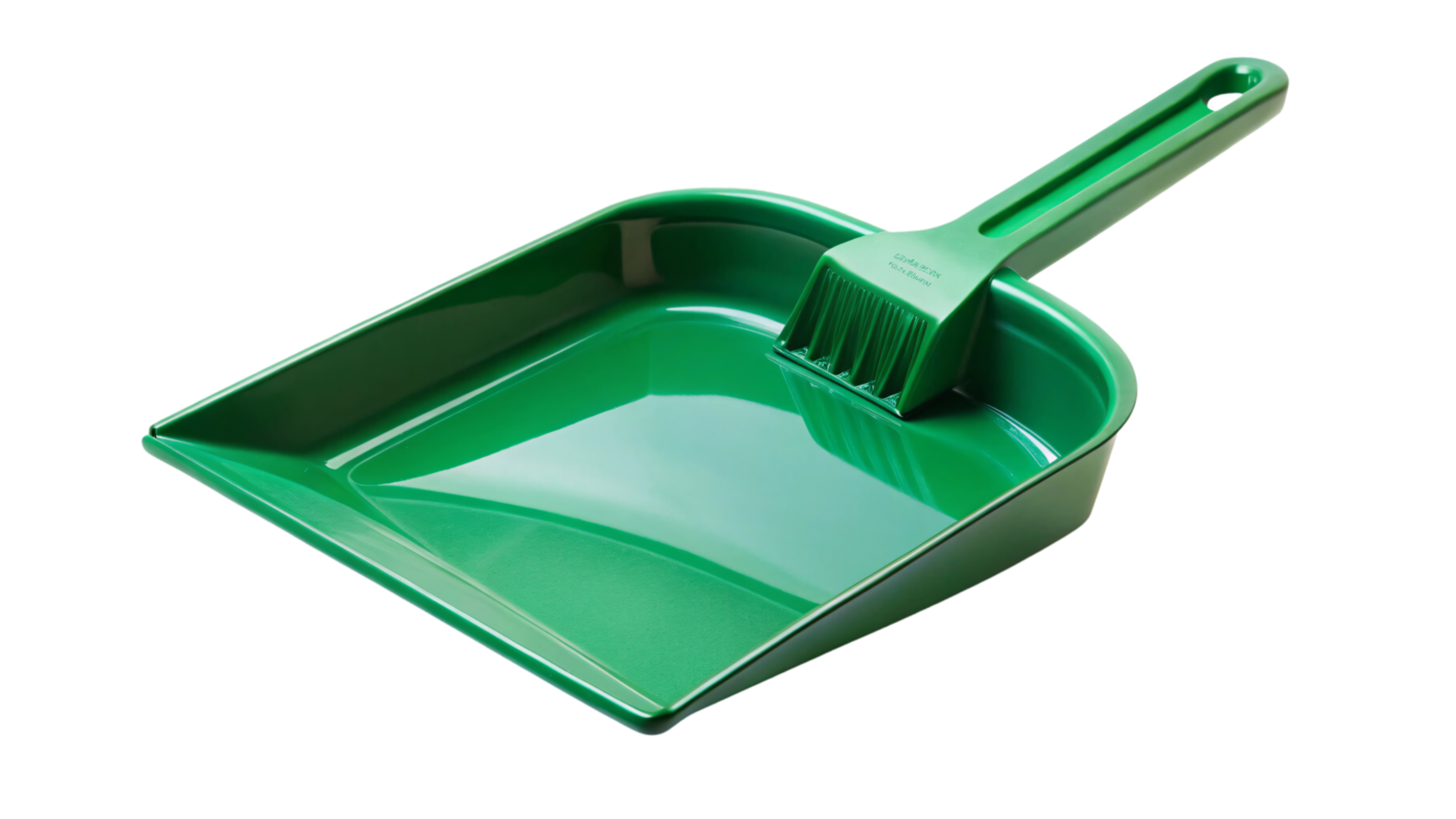 A perspective of the green dustpan and brush, highlighting the smooth lines and sturdy design, perfect for quick, convenient cleanup tasks png