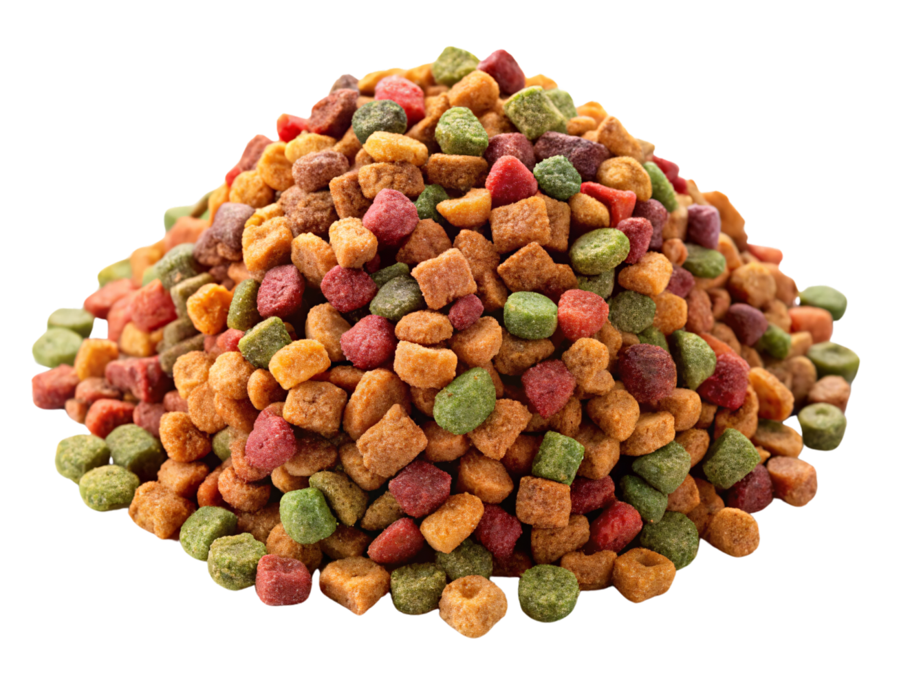 Pile of multicolored pet food kibble in shades of green, red, and yellow. Varied shapes and textures emphasize nutrition and variety for pets png