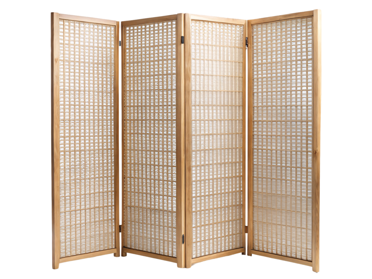 A natural wooden folding screen with a woven texture, creating a minimalist yet functional design, ideal for partitioning space while maintaining an airy, light-filled atmosphere png