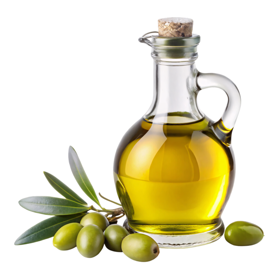 A glass bottle filled with golden olive oil, adorned with fresh green olives and leaves, suggesting freshness and Mediterranean flavor png