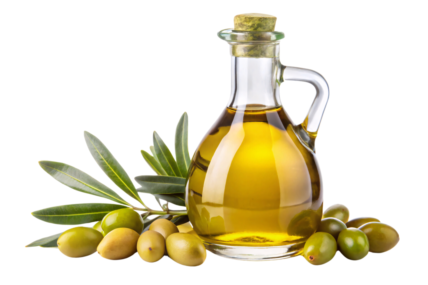 An olive oil bottle with green olives and leafy branches, evoking Mediterranean heritage and quality png