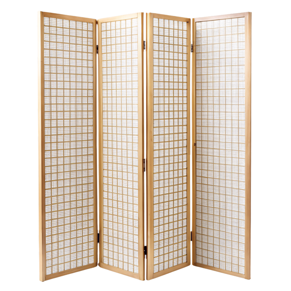 A beige room divider with four panels, each featuring a grid-like pattern, creating a minimalist and functional look for any space png