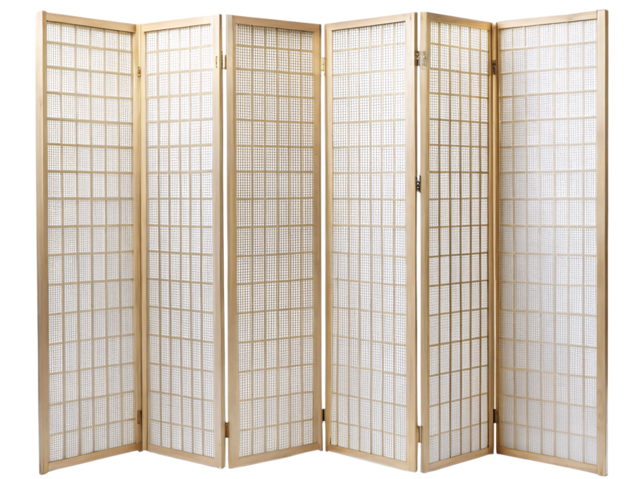 A six-panel wooden folding screen with a delicate woven pattern, offering a natural aesthetic perfect for room dividers or privacy screens in minimalist interiors png