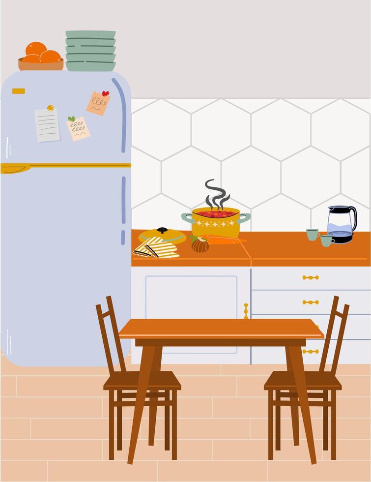 The interior of a modern, cozy kitchen with a refrigerator, countertop and dining table. vector