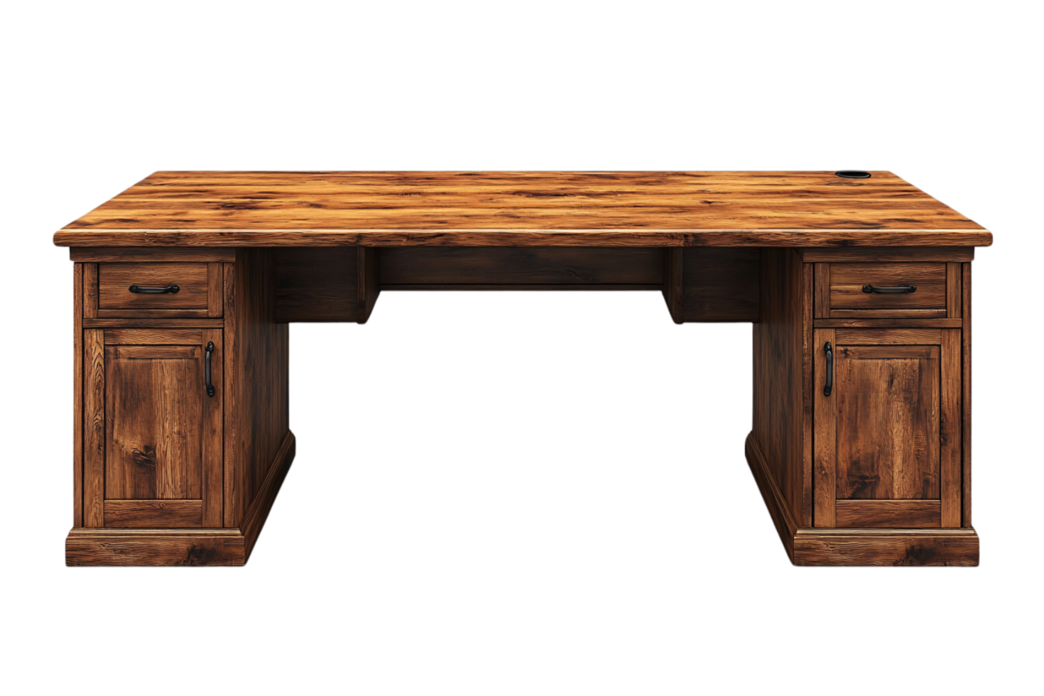 Rustic wooden desk featuring detailed grain, two cabinet doors, and drawer handles, exuding a vintage charm and sturdy appeal png