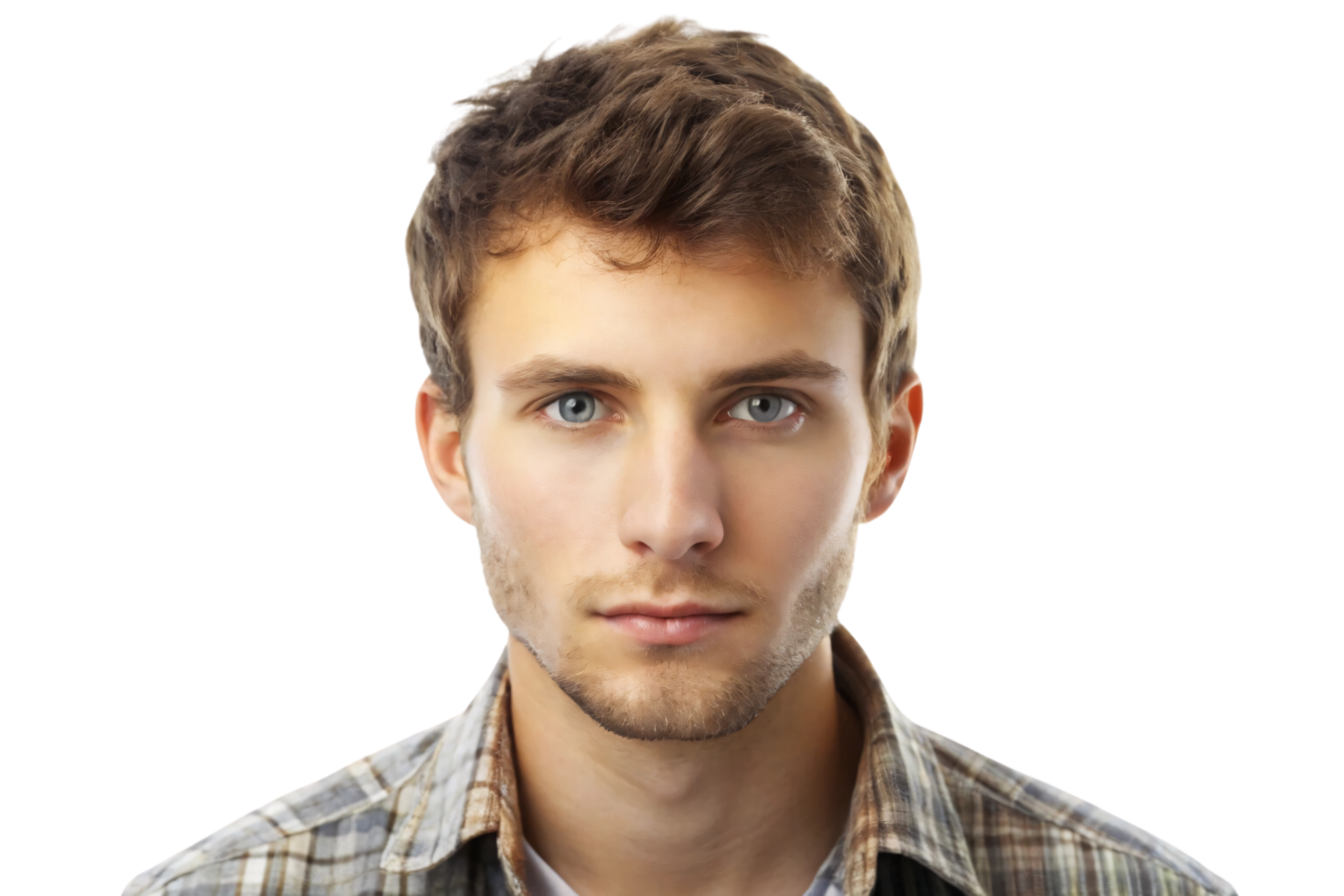 A man with short, tousled hair, neutral expression, and a slight stubble, dressed in a plaid shirt, looking directly at the camera png