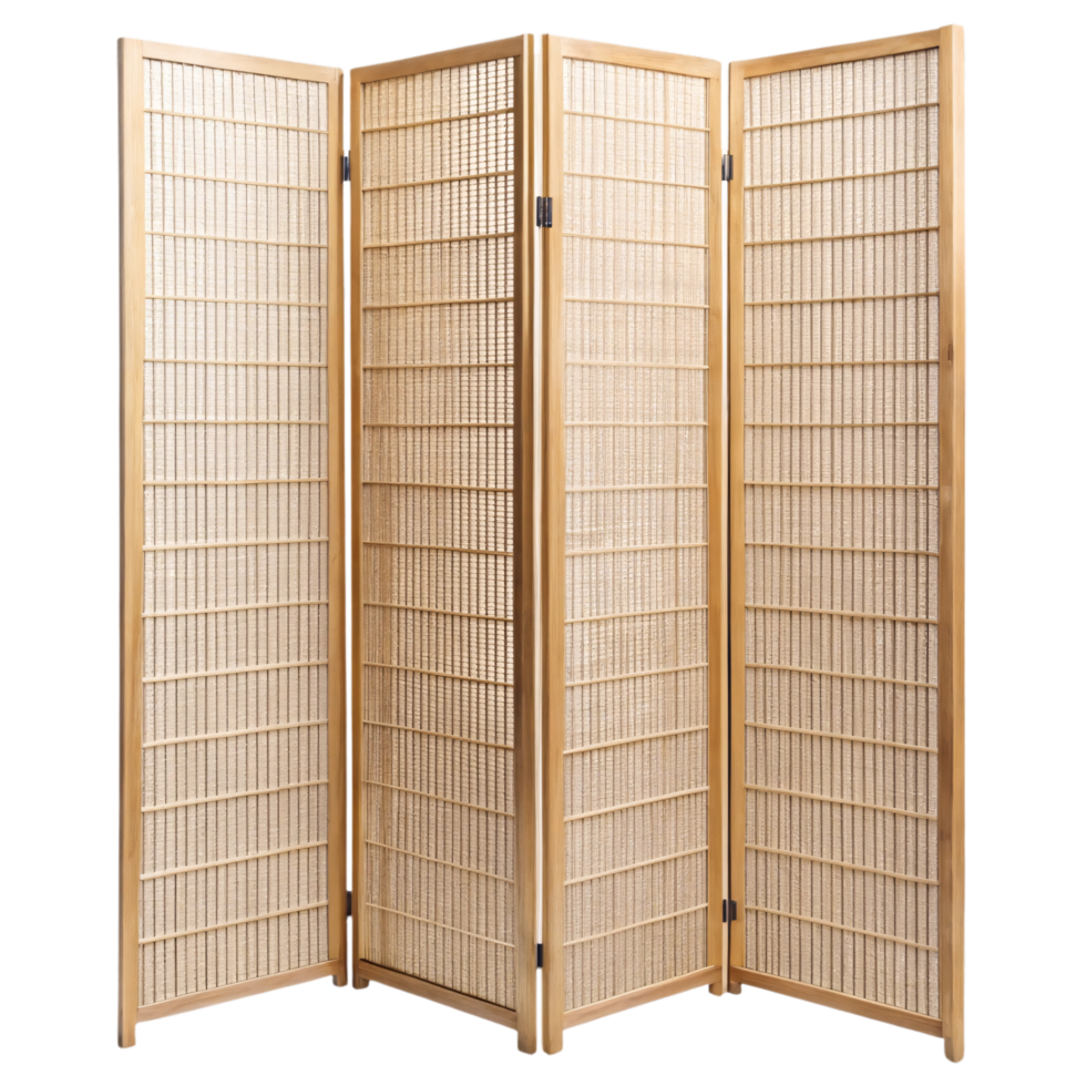 A beige, four-panel folding room divider made of wood and wicker, offering a natural, textured look ideal for minimalist interior spaces png