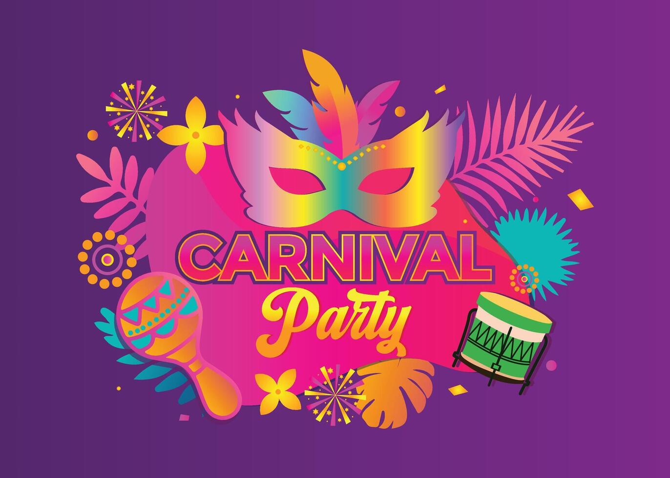 Carnival party card with a traditional mask, feathers, maracas, graffiti, fireworks, and tropical leaves for Mardi Gras, festivals, parades, ,masquerades for invitations,posters, banners. vector