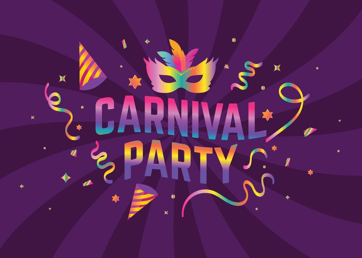 Carnival party invitation. Featuring a traditional mask with feathers, maracas, graffiti, fireworks, and tropical leaves perfect for Mardi Gras, festivals, parades, and masquerades. vector