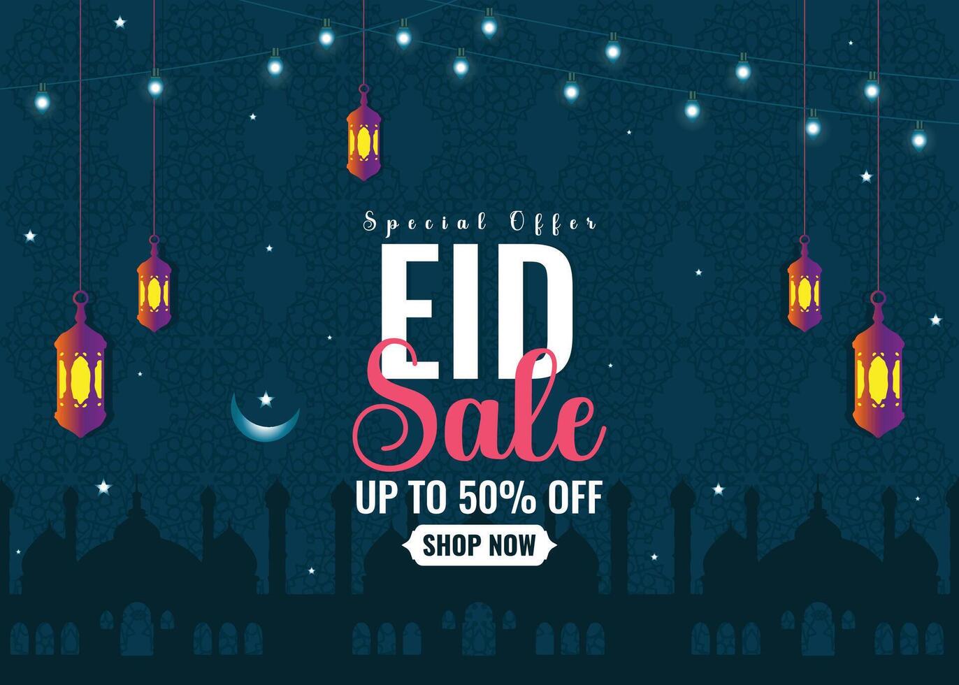 Eid Sale Template Or Flyer Design With 50 Discount Offer Realistic Gift Boxes And Bunting Flags On Blue Silhouette Mosque Background vector
