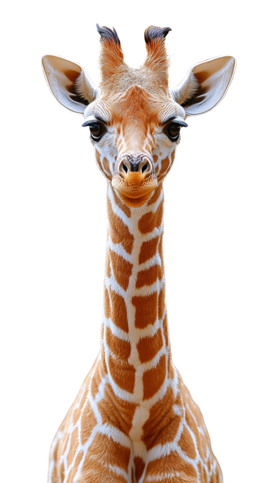 Close-up of a giraffe's face, with soft eyes, delicate eyelashes, and striking pattern, showcasing its gentle and curious personality png