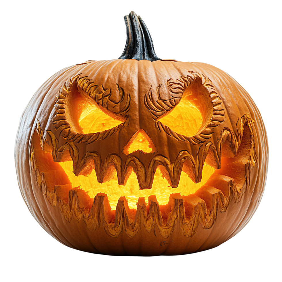 A meticulously carved pumpkin with intricate eyelash details and sharp teeth, illuminated from inside, evoking a spooky, fierce expression png