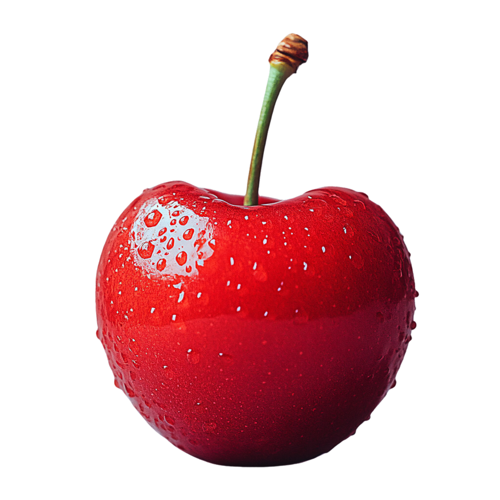 A close-up of a single red cherry with water droplets, showcasing its rich color and inviting, ripe texture png