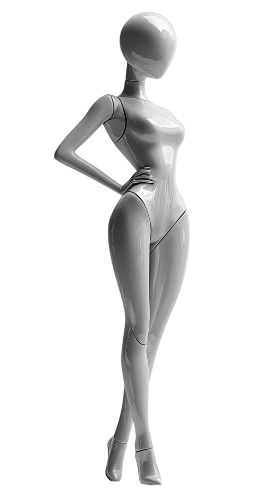 A glossy mannequin stands confidently with one hand on hip, showcasing a fashionable, contemporary silhouette png