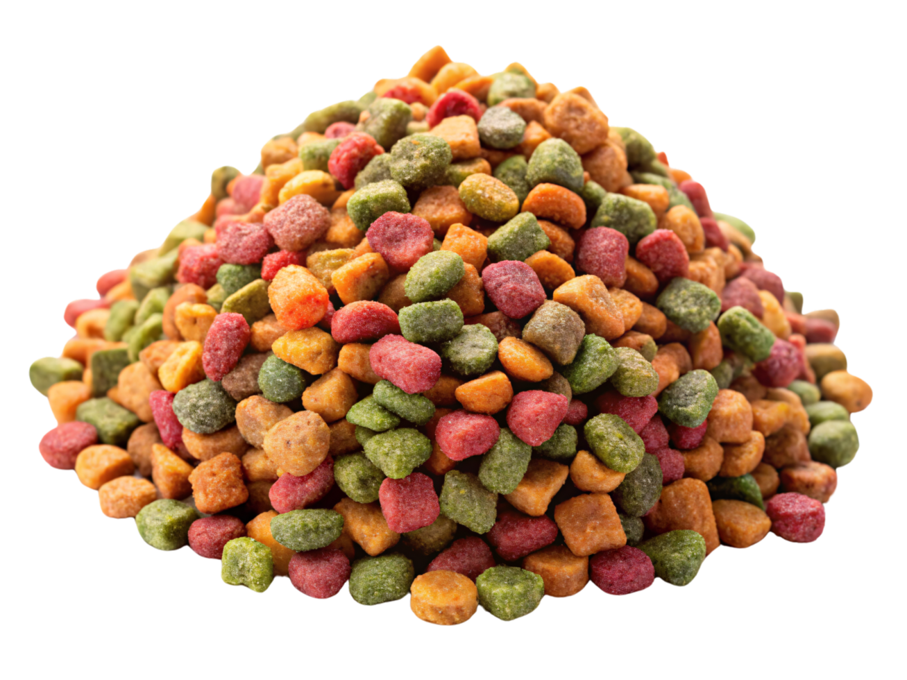 Pile of colorful pet kibble with vibrant hues. The diversity in size and color highlights a balanced and appealing meal for animals png