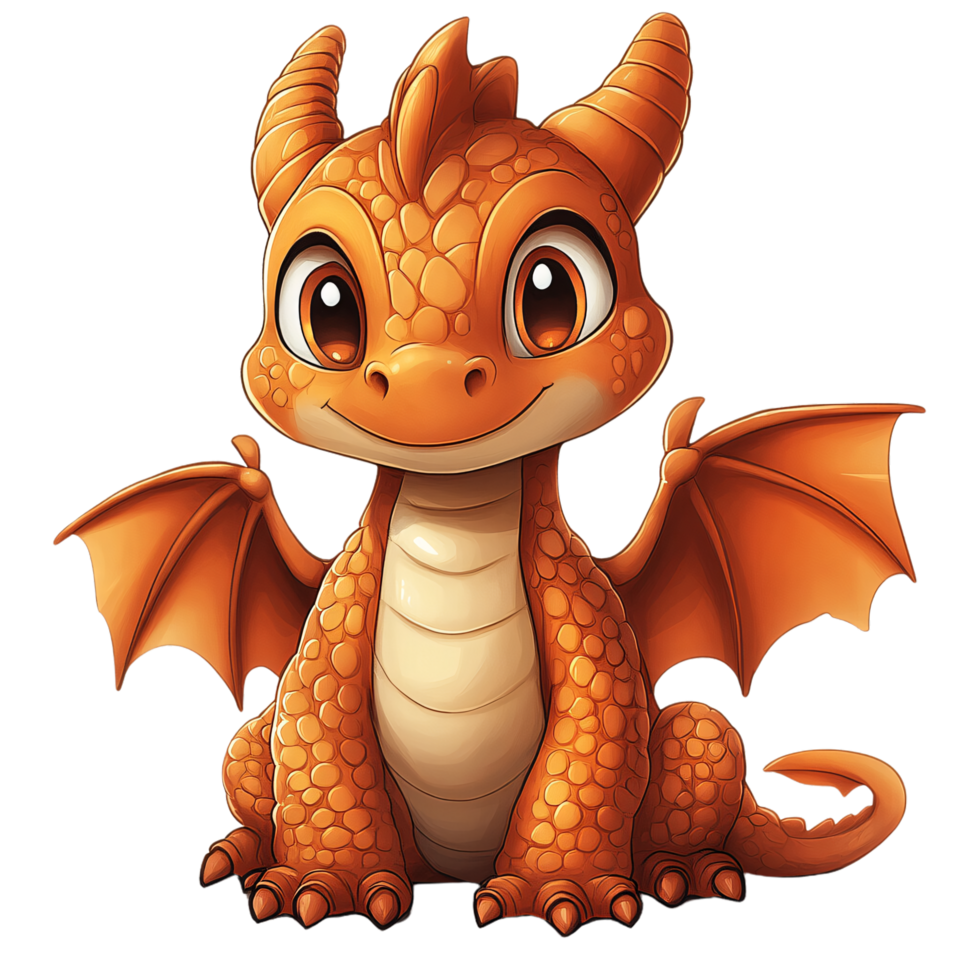 Playful cartoon-style orange dragon with big eyes and detailed scales, smiling widely with small wings and a chubby, friendly appearance png