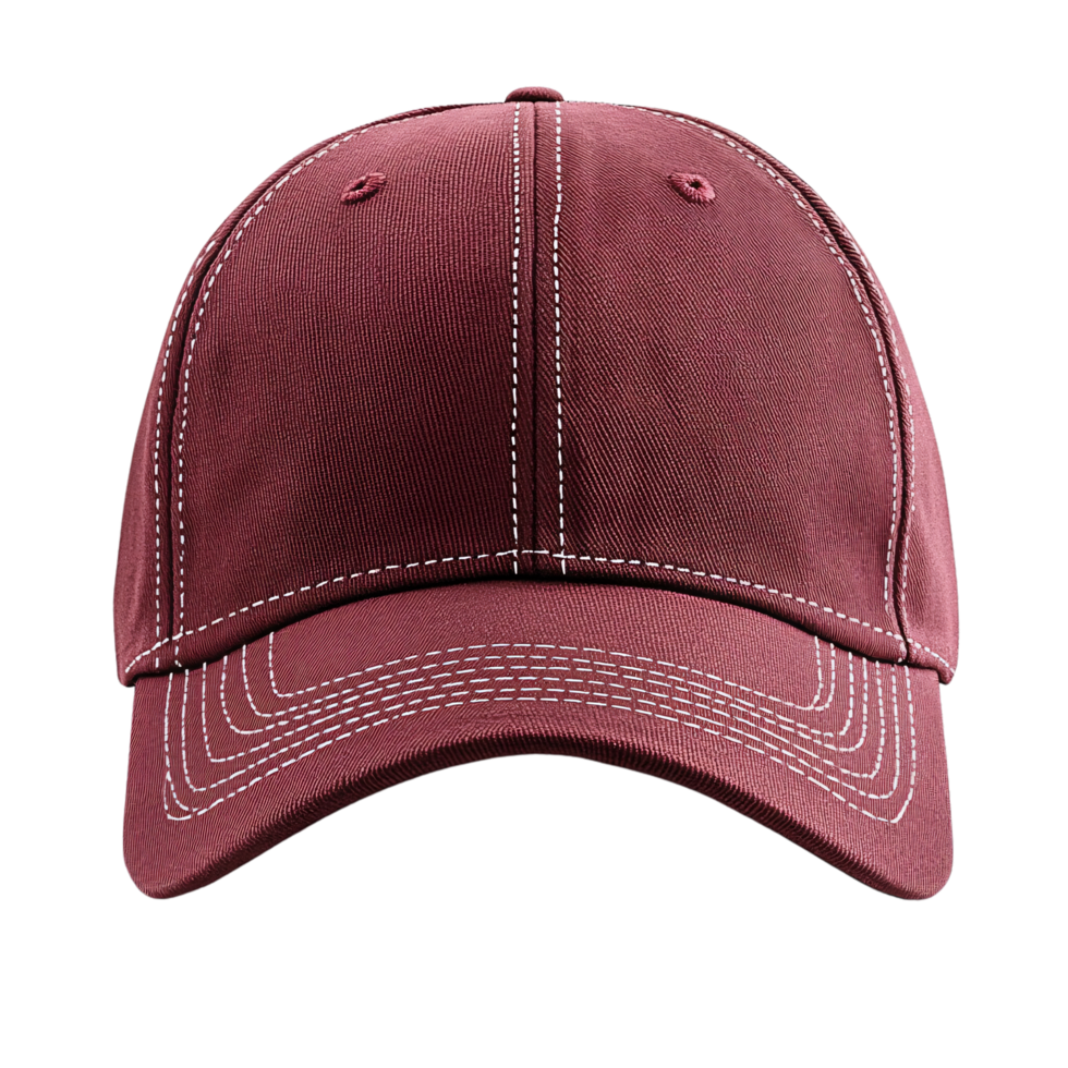 A classic maroon baseball cap with white stitching accents, featuring a structured front and curved brim for a casual, stylish look png
