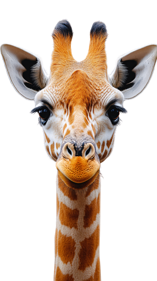 Detailed close-up of a giraffe's face, emphasizing its large, expressive eyes, unique markings, and soft, furry ossicones png