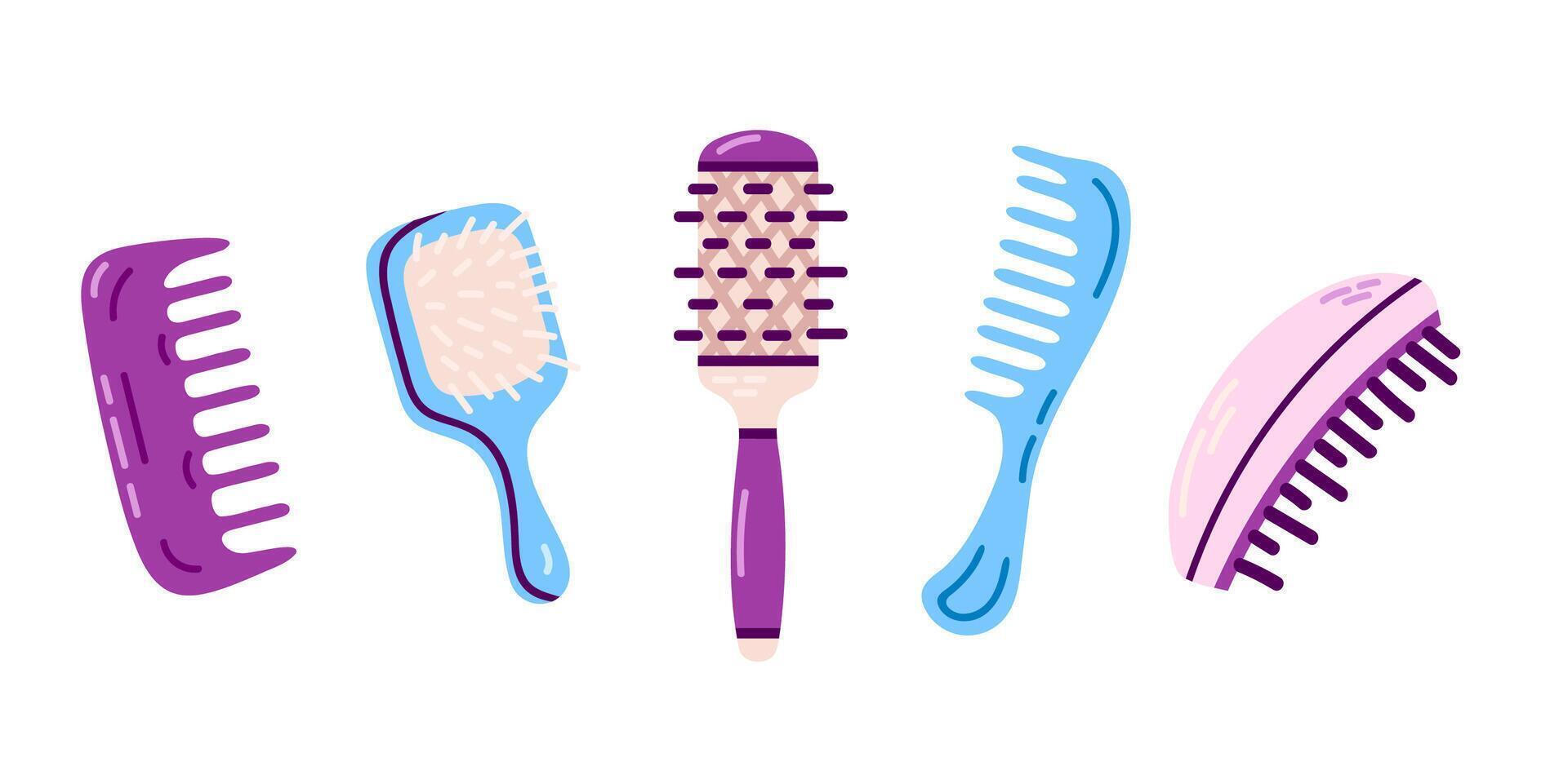 Hair Brushes Collection. A collection of various hairbrushes and combs in purple and blue tones, designed for hairstyling and beauty-related illustrations vector