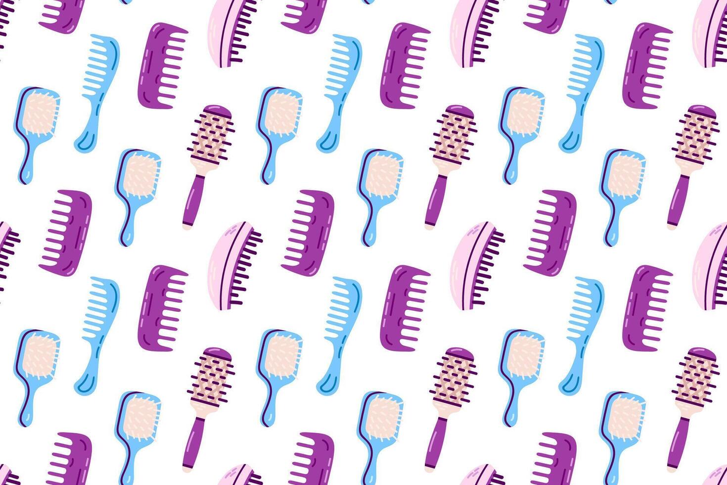 Hair Brushes pattern. A collection of various hairbrushes and combs in purple and blue tones, designed for hairstyling and beauty-related illustration vector