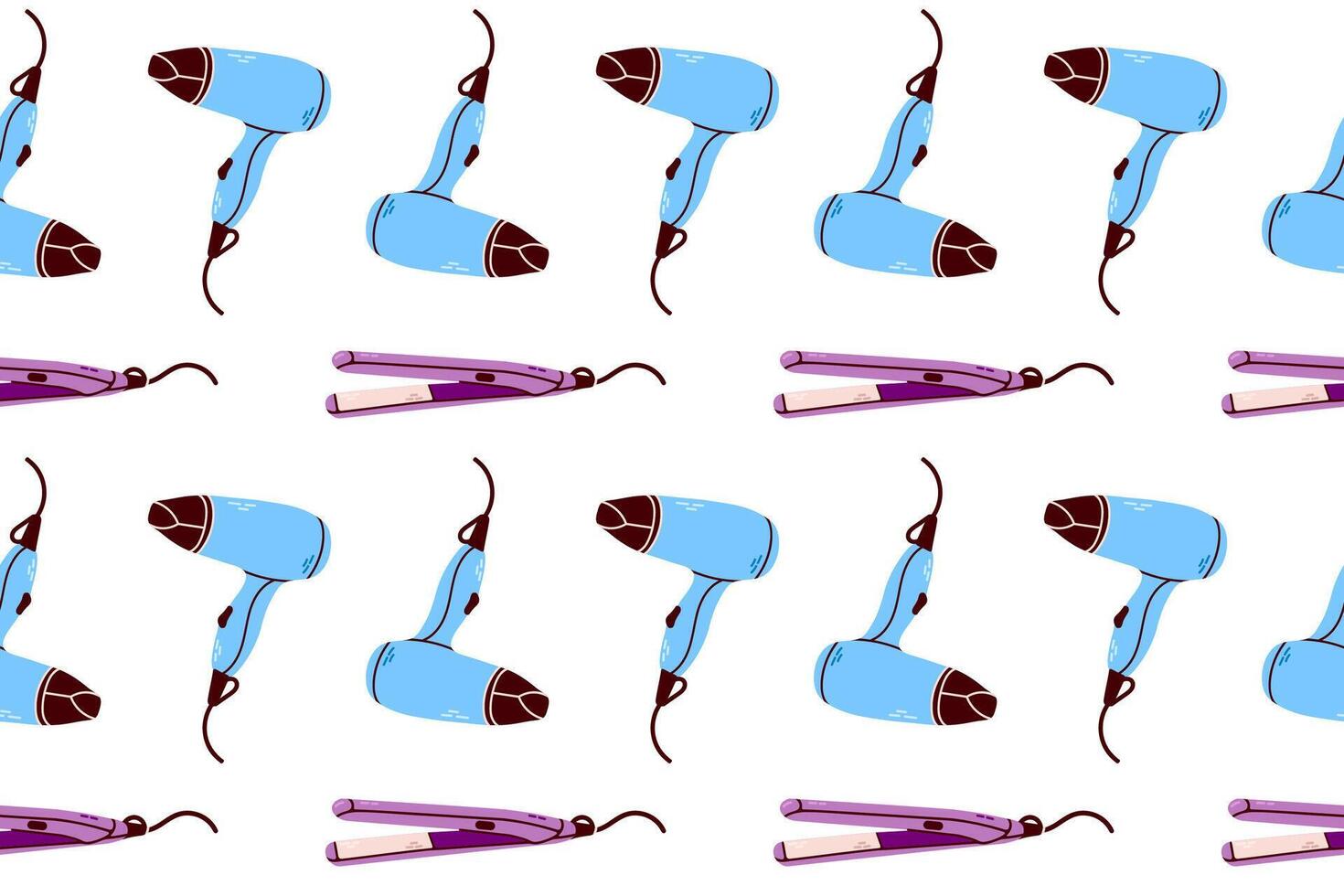 Pink and Blue Hair Tools Pattern. A seamless pattern featuring hair styling tools, hairdryer and straighteners in purple and blue tones. Great for beauty and fashion themes. vector
