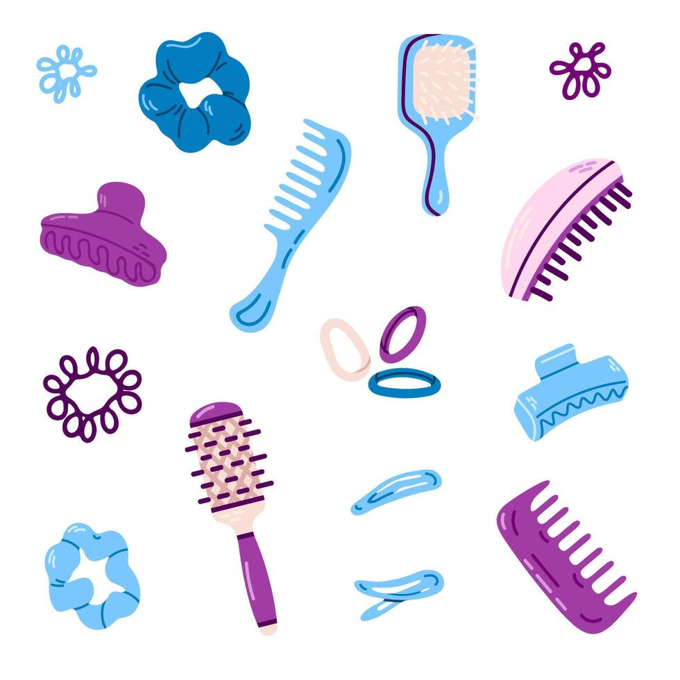 Haircare Accessories Collection. A detailed collection of various hair accessories, including clips, scrunchies, and elastics. Ideal for fashion, beauty, and personal care illustrations vector