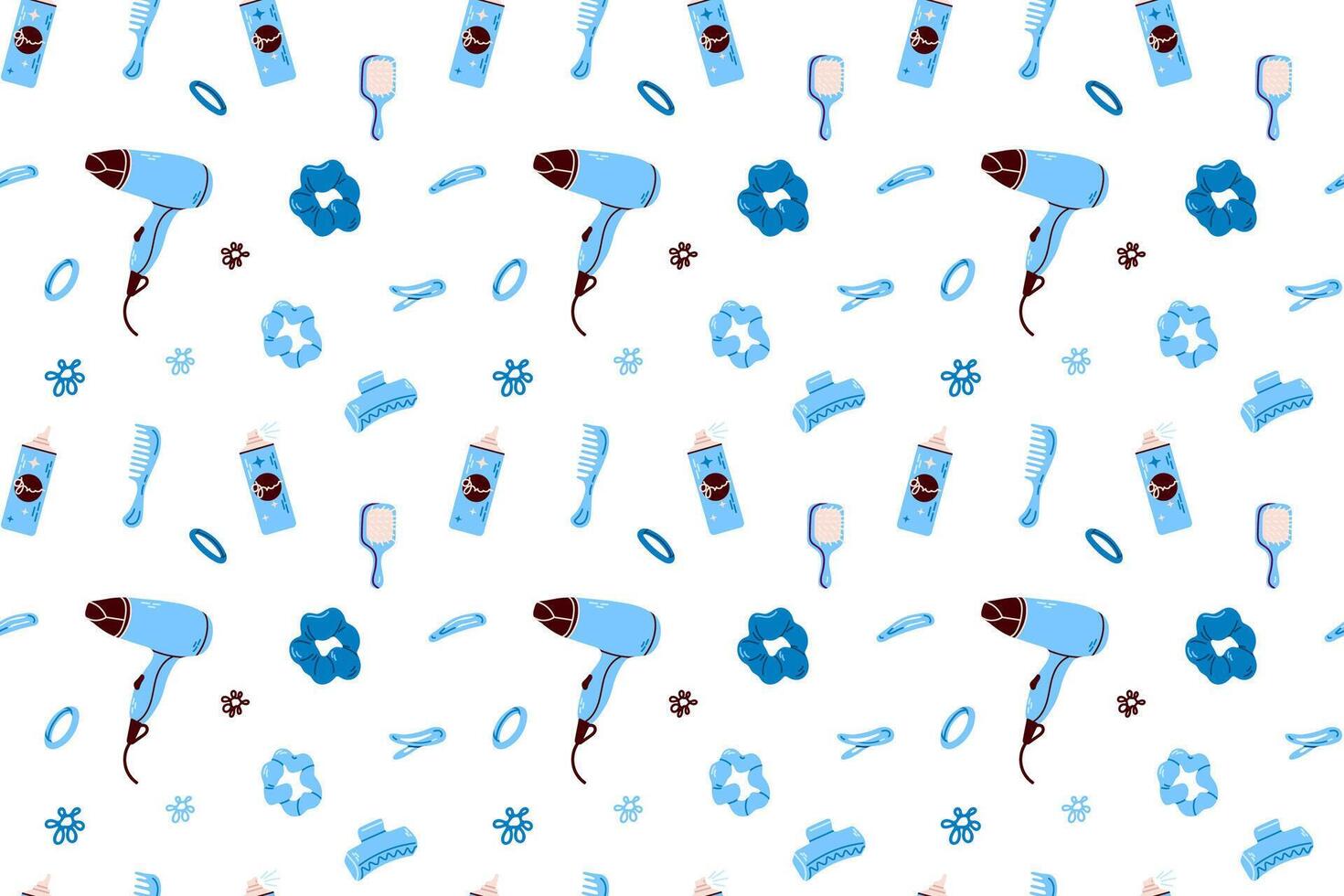 Seamless Pattern with Beauty and Hair Tools. A seamless pattern featuring a variety of beauty and hair styling tools, including hairdryers, combs, and clips, in blue colors. vector