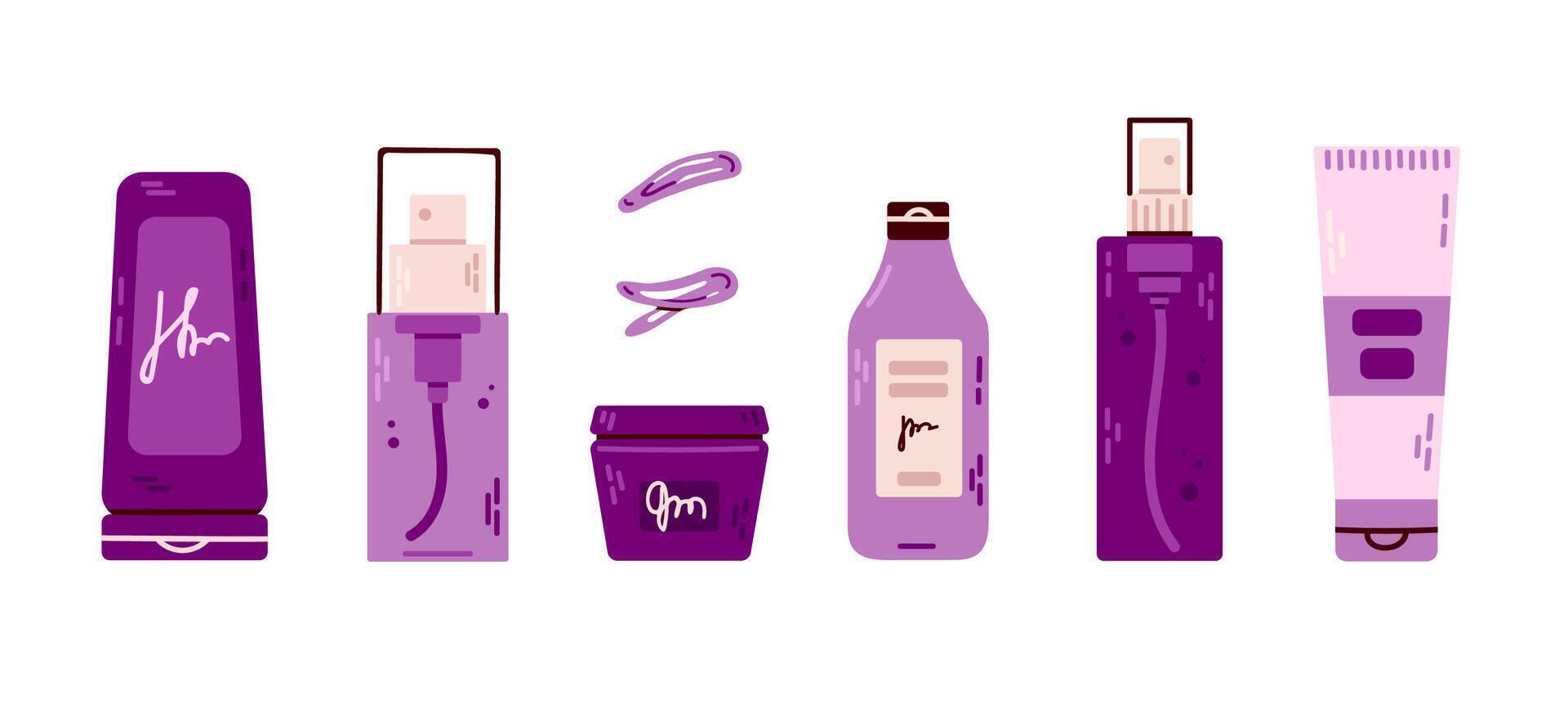 Purple Haircare Bottles Collection. A set of illustrated haircare bottles in purple hues, including shampoo, conditioner, and styling products. Ideal for beauty and self-care branding. vector