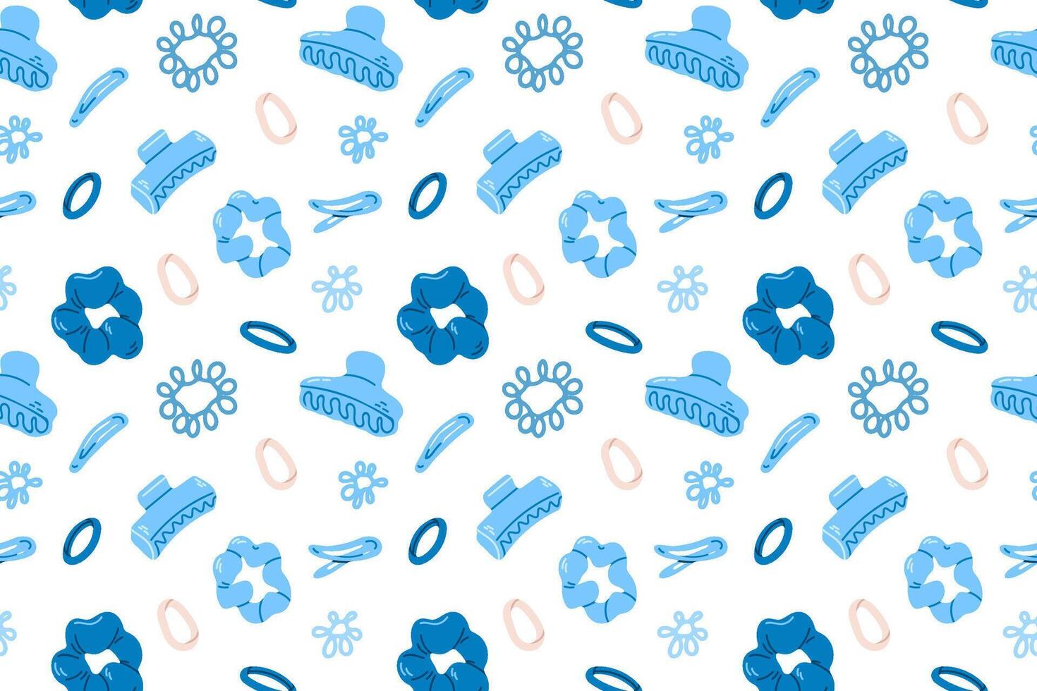 Seamless Pattern with Hair Clips and Scrunchies. A seamless pattern featuring various hair accessories like clips, scrunchies, and elastics in blue tones. vector
