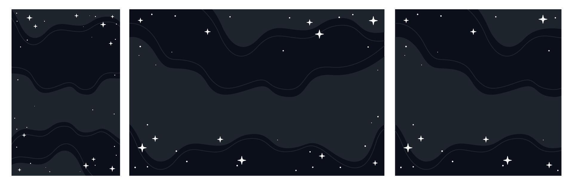 Stylized Magic Black Night Sky with Flowing Wavy Patterns and Shining Stars. Set of Wide, Square and Vertical Formats vector