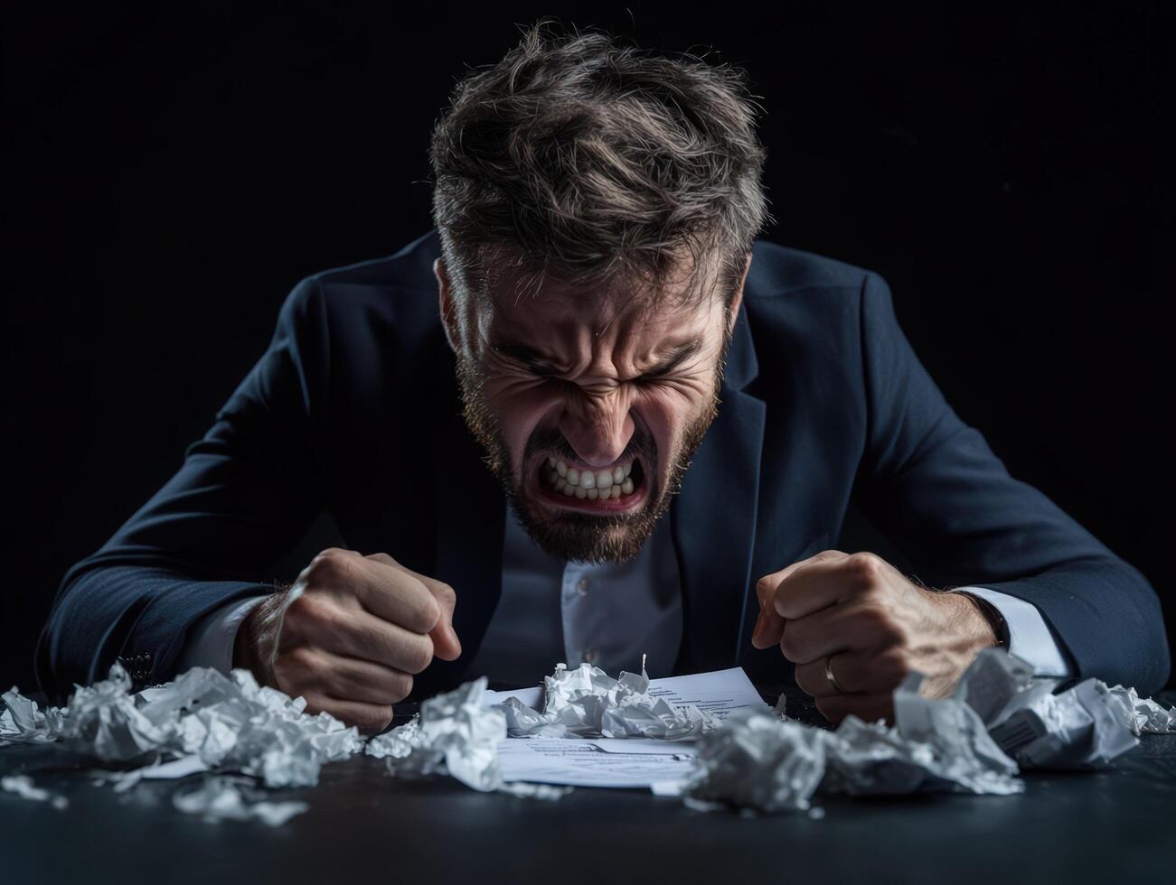 Angry businessman with paper on the table photo