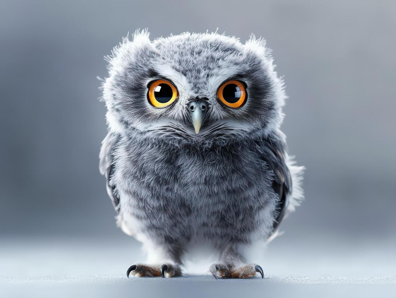 An owl with big eyes standing on a gray background photo