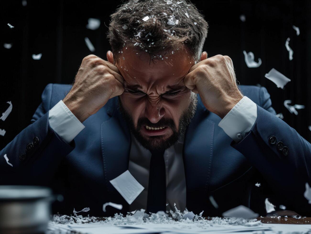 A man in a suit is holding his head while surrounded by shredded paper photo