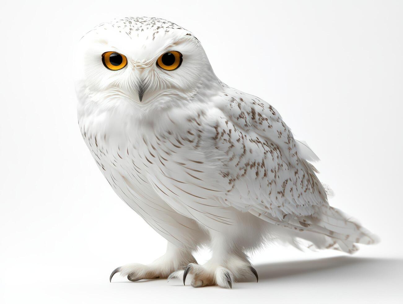A white owl with yellow eyes is standing photo