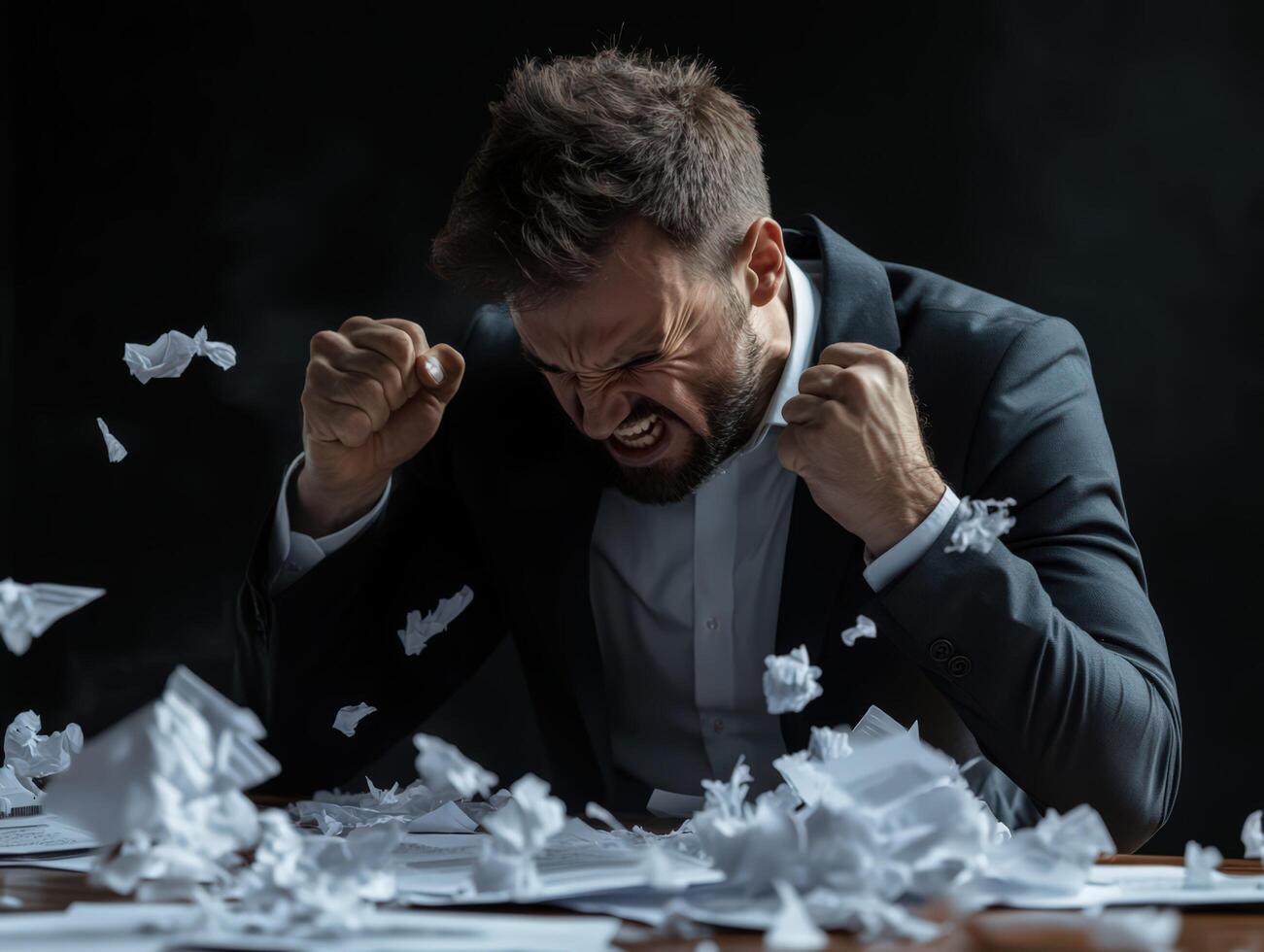 A man in a suit is screaming and throwing papers photo