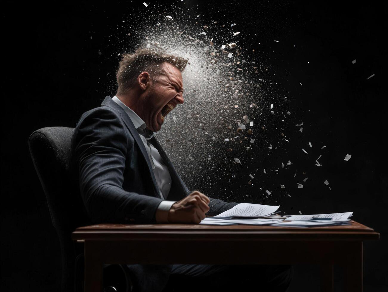 A man in a suit is screaming and throwing papers photo