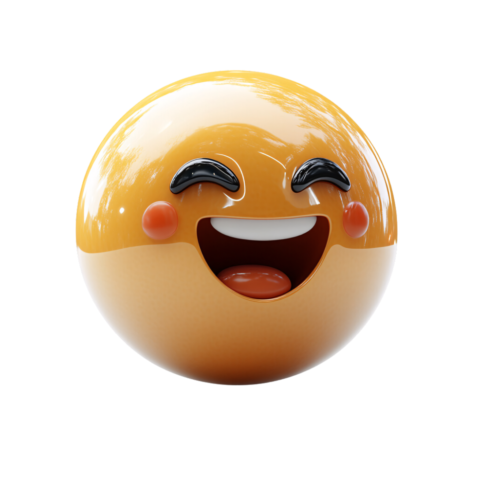 A cheerful, glossy orange emoji with eyes closed and a wide smile, expressing joy or laughter, with shiny reflections adding depth png