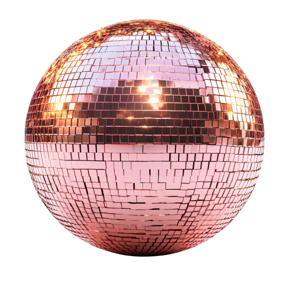 A rose-tinted disco ball with glossy squares, reflecting a warm, pinkish glow, evoking a lively, vintage feel png