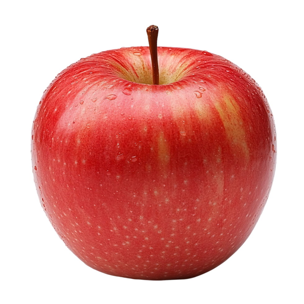 A fresh red apple with a smooth, glossy surface and subtle specks, droplets of water accentuate its vibrant color and freshness png